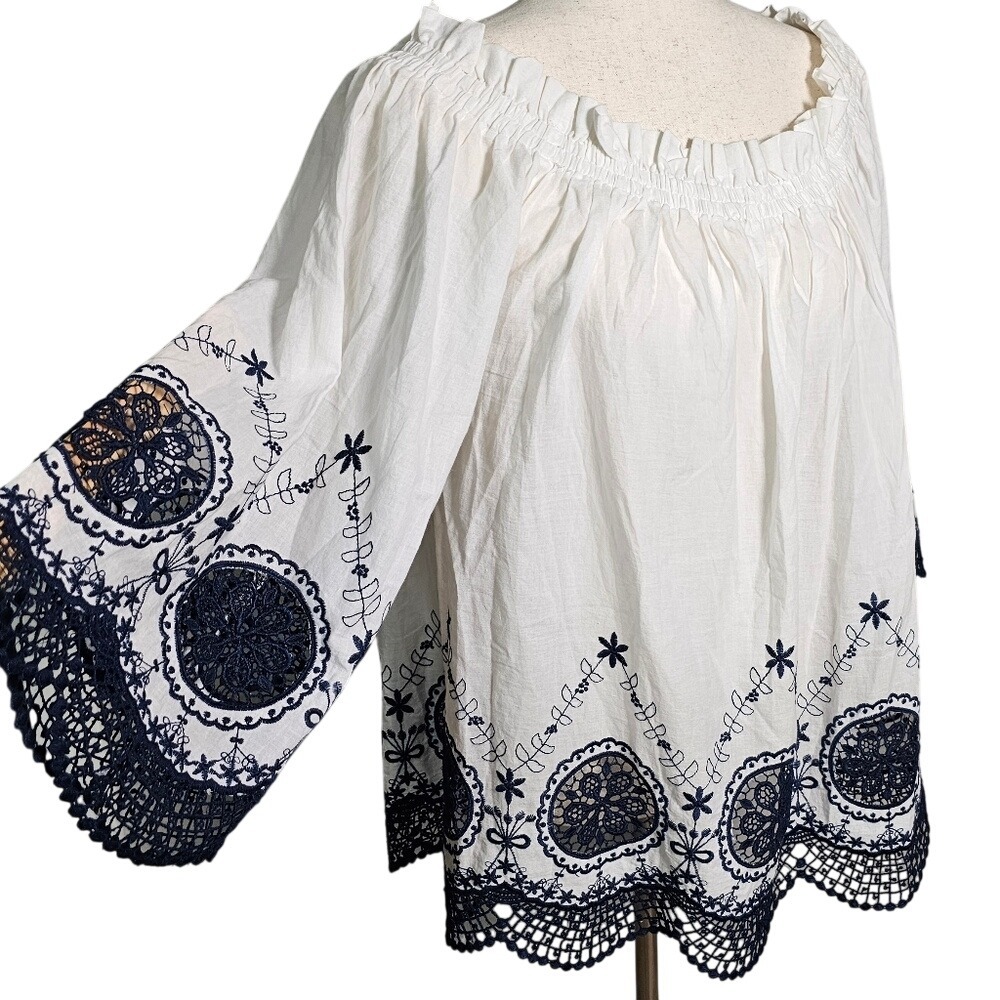 En Creme 100% Cotton Embroidered Scalloped Boho Blouse On or Off Shoulder XL